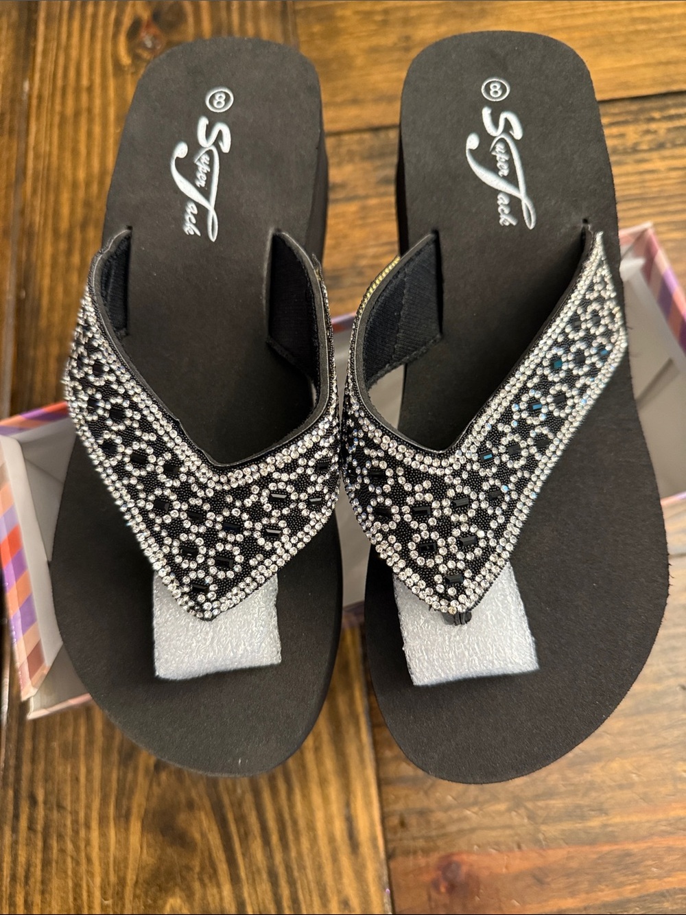 Super Jack Blingy Black Rhinestone V-strap Flip Flop Sandals (8)